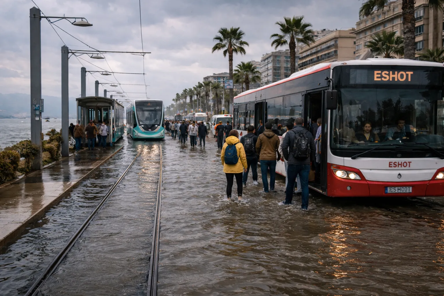 Lodos kabusu Karşıyaka sahilini vurdu! Deniz suyu rayları yuttu, Tramİzmir