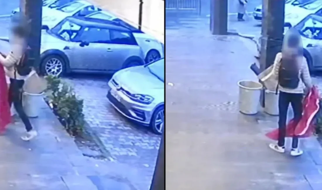 Bir iş yerinin önündeki Türk bayrağını söküp üzerine basan ve