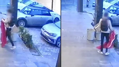 Bir iş yerinin önündeki Türk bayrağını söküp üzerine basan ve