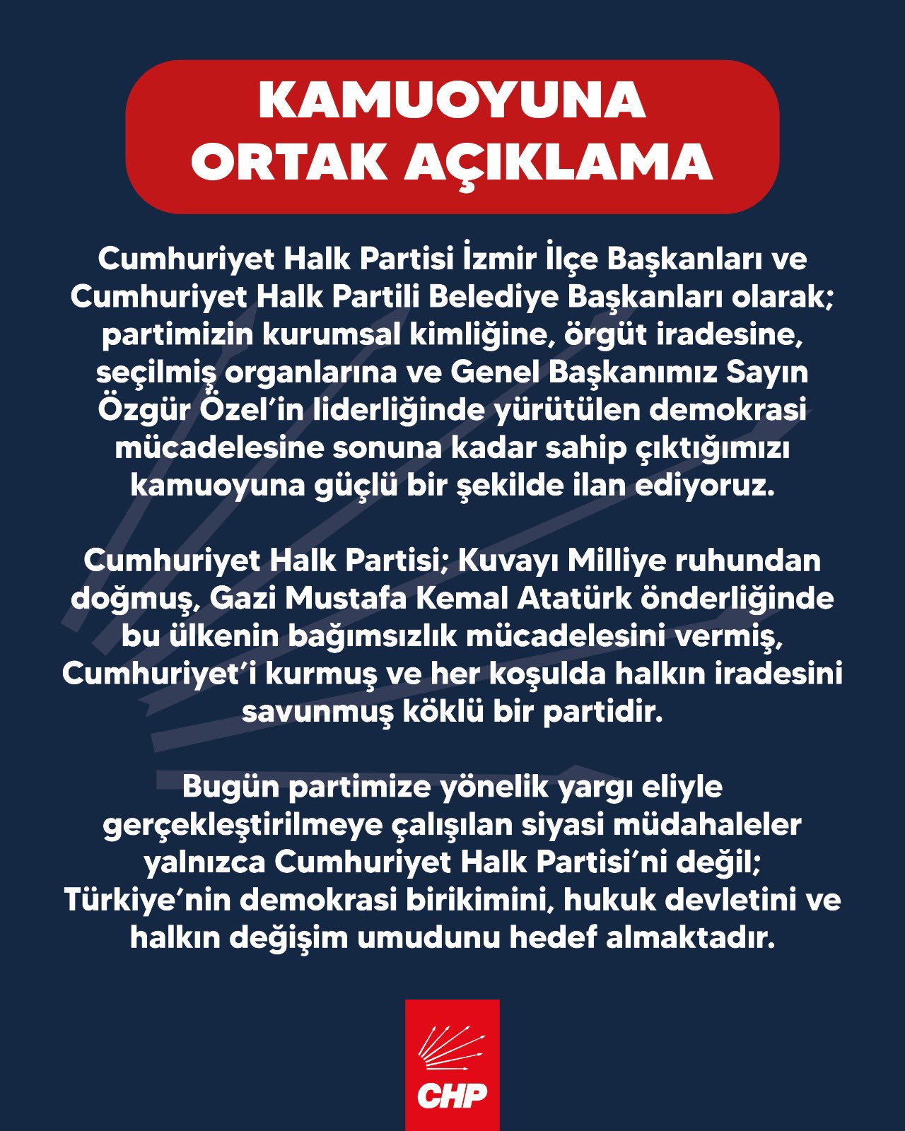 CHP İzmir'de ilçe başkanları ve belediye başkanlarından ortak deklarasyon: "Özgür Özel’in yanındayız" 1 CHP İzmir'de ilçe başkanları ve belediye başkanlarından ortak deklarasyon: "Özgür Özel’in yanındayız"