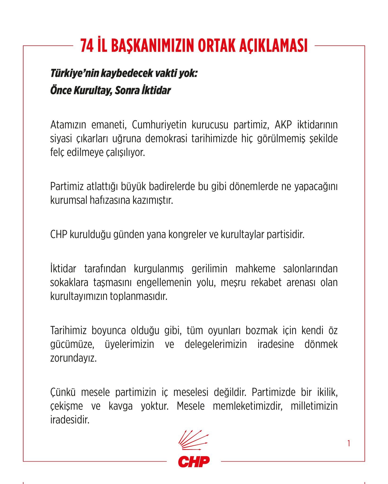 CHP'de 71 il başkanından ortak açıklama: 'Delegelerin iradesine dönmek zorundayız'