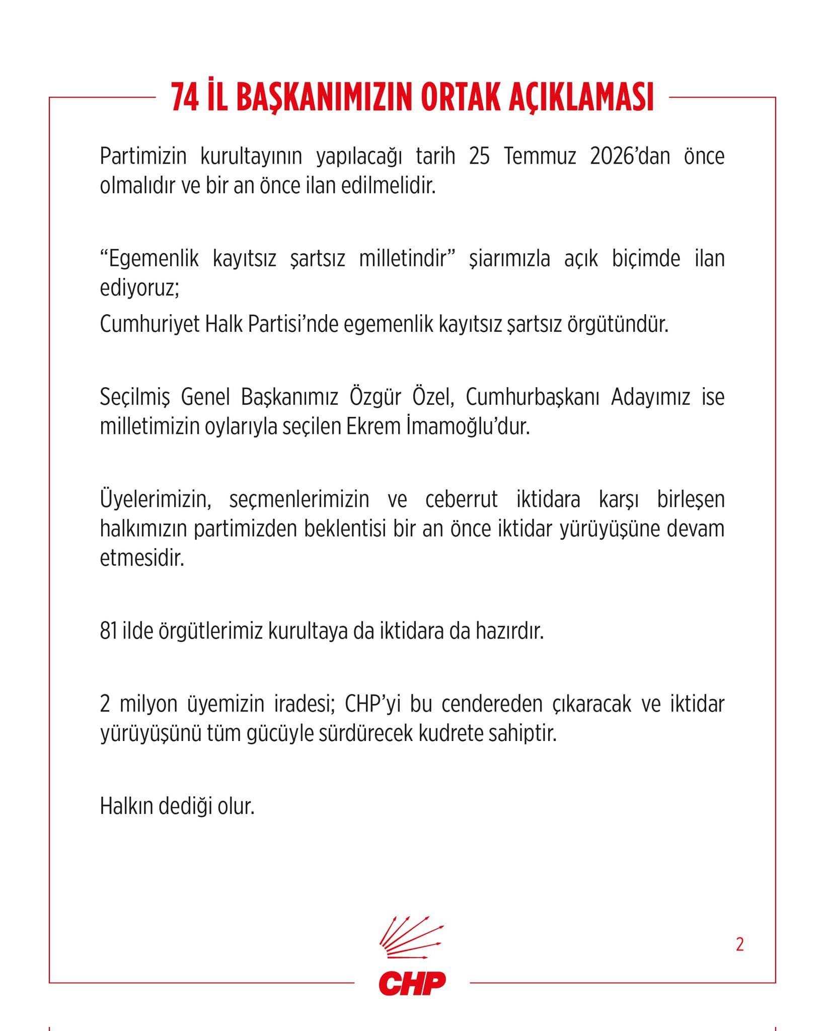 CHP'de 71 il başkanından ortak açıklama: 'Delegelerin iradesine dönmek zorundayız'