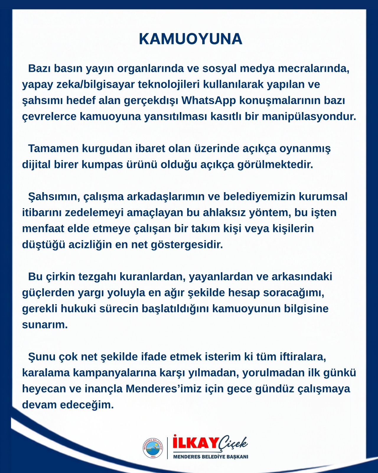 Menderes Belediye Başkanı İlkay Çiçek sahte WhatsApp konuşmalarıyla hedef alındı: 'Tamamen kurgudan ibaret'