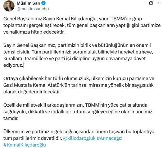 CHP Sözcüsü Sarı: Kılıçdaroğlu, yarın grup toplantısını gerçekleştirecek