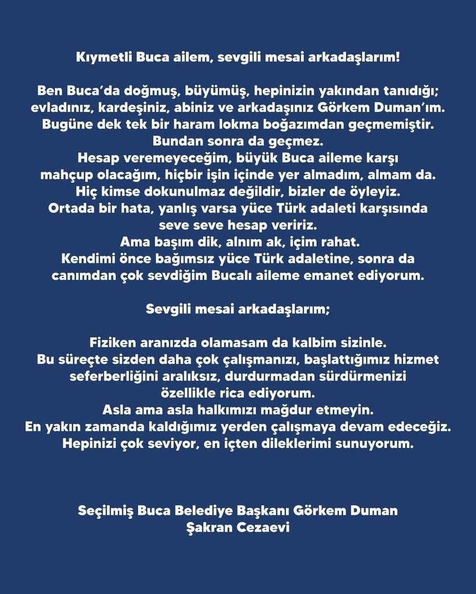 Tutuklanan Buca Belediye Başkanı Görkem Duman'dan mektup: 'Boğazımdan haram lokma geçmedi'