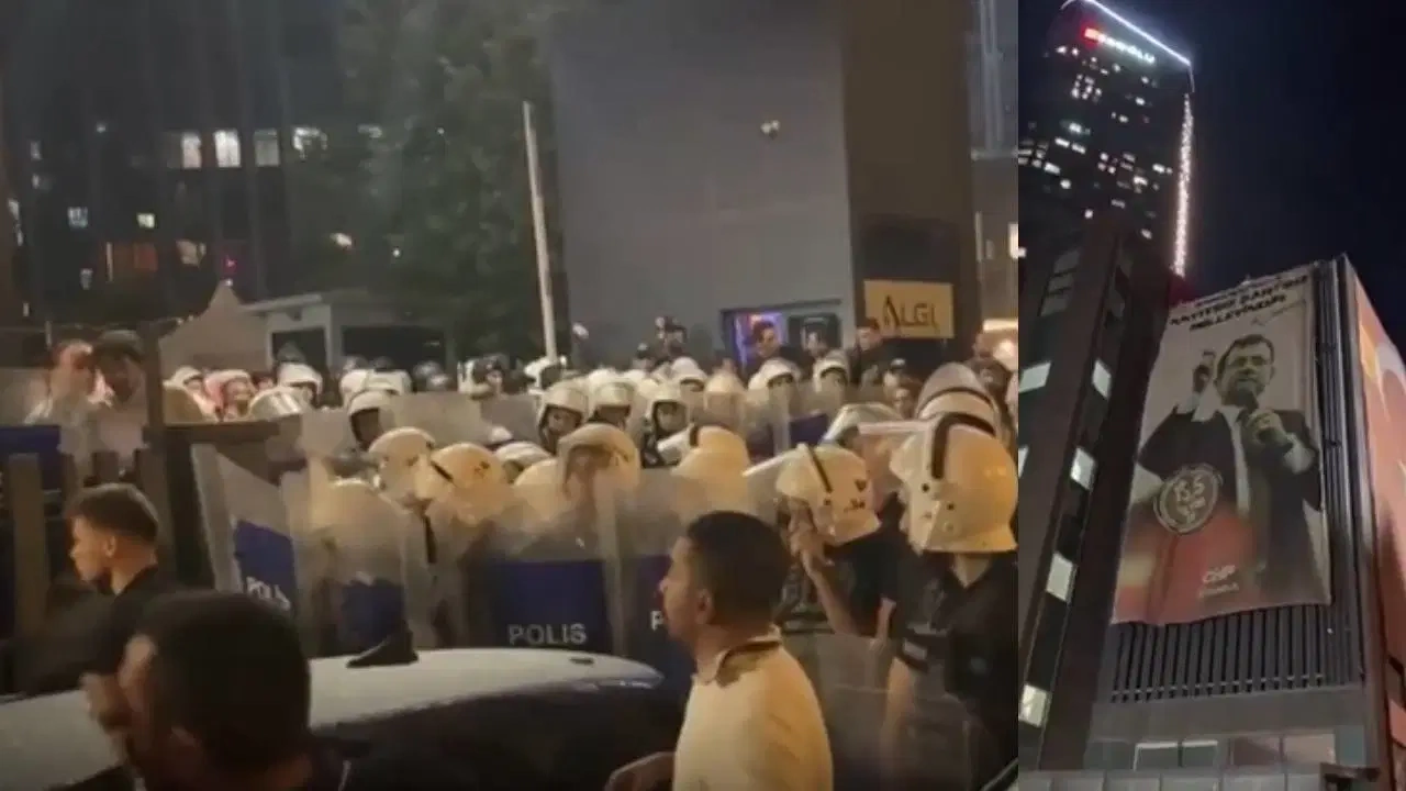CHP İstanbul İl Başkanlığı binasında asılı bulunan Ekrem İmamoğlu pankartının