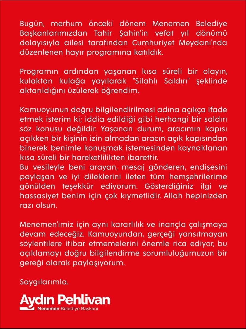 Menemen'de "silahlı saldırı" alarmı: Belediye Başkanı Pehlivan'dan ilk açıklama
