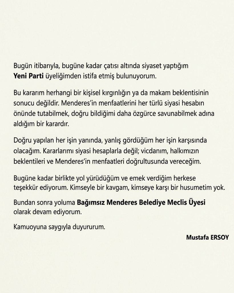 Mustafa Ersoy YENİ Parti'den istifa etti: Menderes'te muhalefette çözülme sürüyor 1 Mustafa Ersoy YENİ Parti'den istifa etti: Menderes'te muhalefette çözülme sürüyor