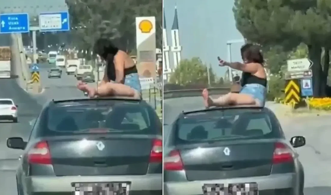 Manisa’nın Salihli ilçesinde, hareket halindeki bir otomobilin açılır tavanından çıkıp