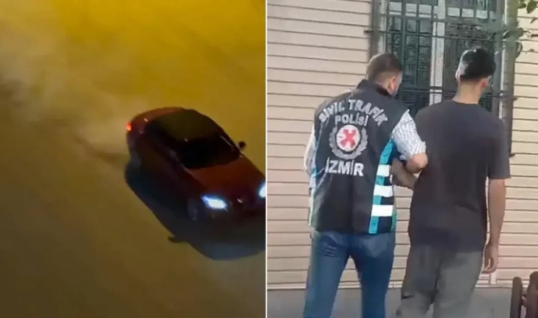 İzmir’in Gaziemir ilçesinde trafiğin yoğun olduğu noktada otomobiliyle drift atarak