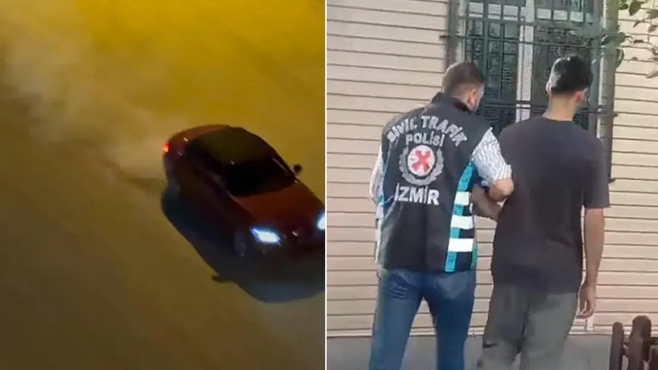 İzmir’in Gaziemir ilçesinde trafiğin yoğun olduğu noktada otomobiliyle drift atarak