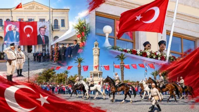 İzmir’in kurtuluşunun 104’üncü yıl dönümü coşkusu, İzmir Valiliği’nde düzenlenen bayrak