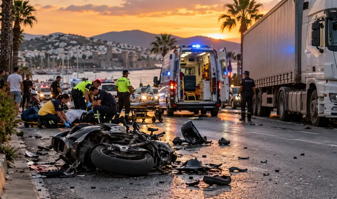 Muğla'nın Bodrum ilçesinde TIR ile motosikletin çarpışması sonucu meydana gelen