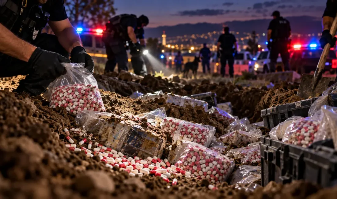 İzmir'in Torbalı ilçesinde polis ekiplerince düzenlenen operasyonda, toprağa gömülmüş halde