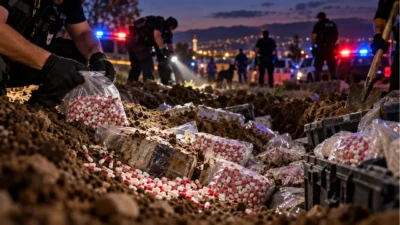 İzmir'in Torbalı ilçesinde polis ekiplerince düzenlenen operasyonda, toprağa gömülmüş halde